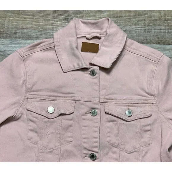 Judy Blue Womens Pink Denim Jacket Size S Distressed Hem Button Up Pockets - Picture 8 of 16